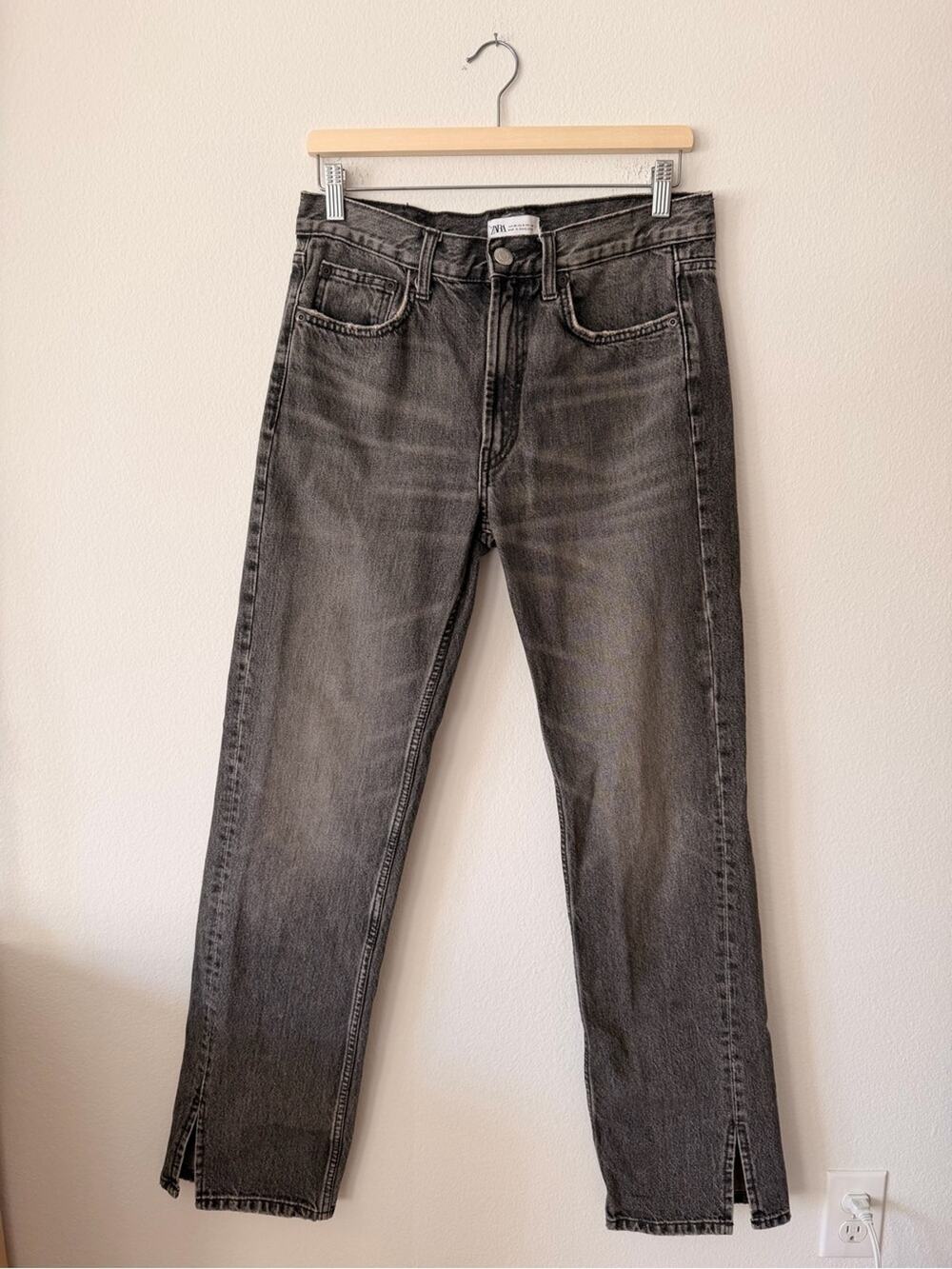 Zara Womens Washed Gray/Black Straight Jeans with Slit